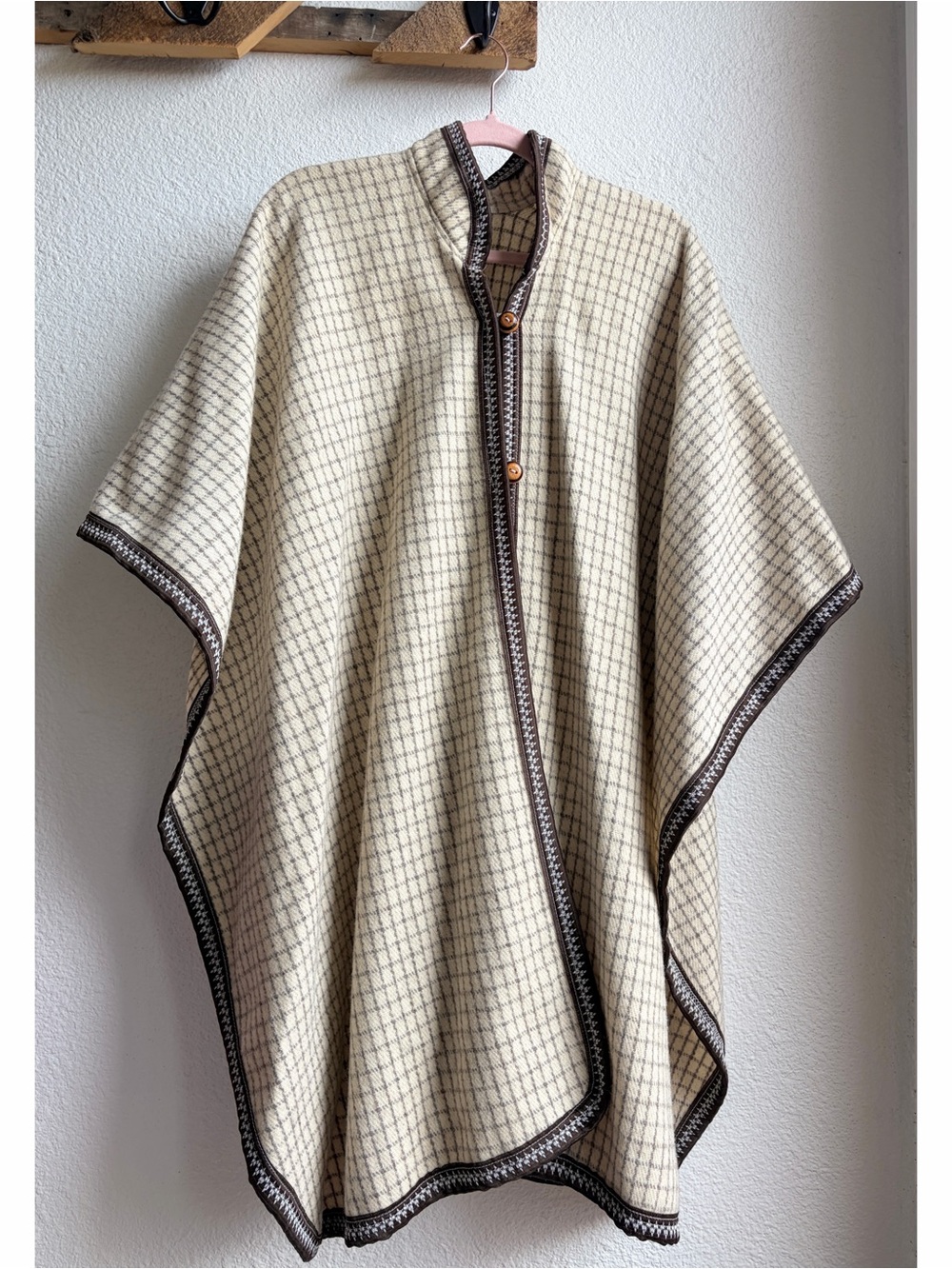 Vintage Cream and Brown Plaid Wool Blanket Poncho